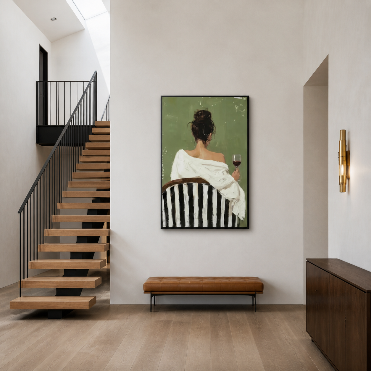 Velvet Lounge - Modern Woman with Red Wine on Striped Chair Painting