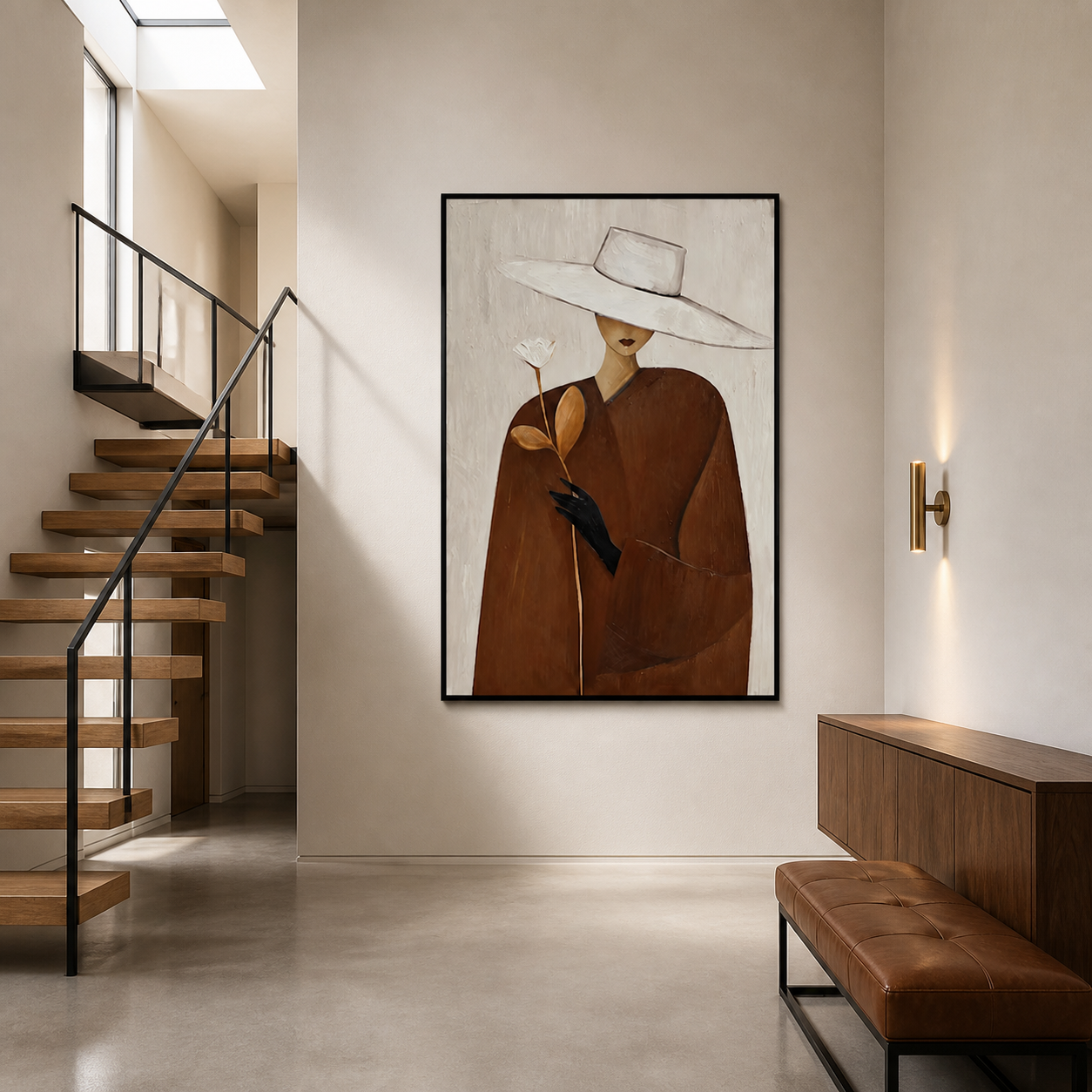 White Rose Romance - Brown Trench Coat Lady with Hat Oil Painting