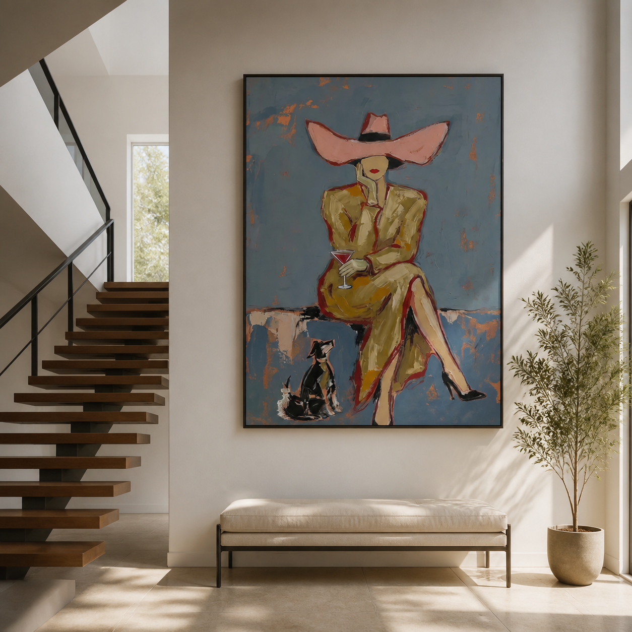 Parisian Afternoon - Elegant Lady with Martini & Dachshund Oil Painting