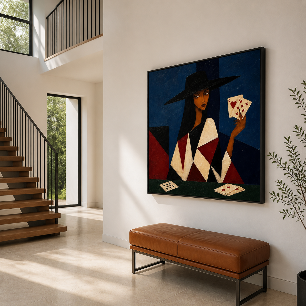 Queen of Hearts - Cubist Lady with Playing Cards Oil Painting