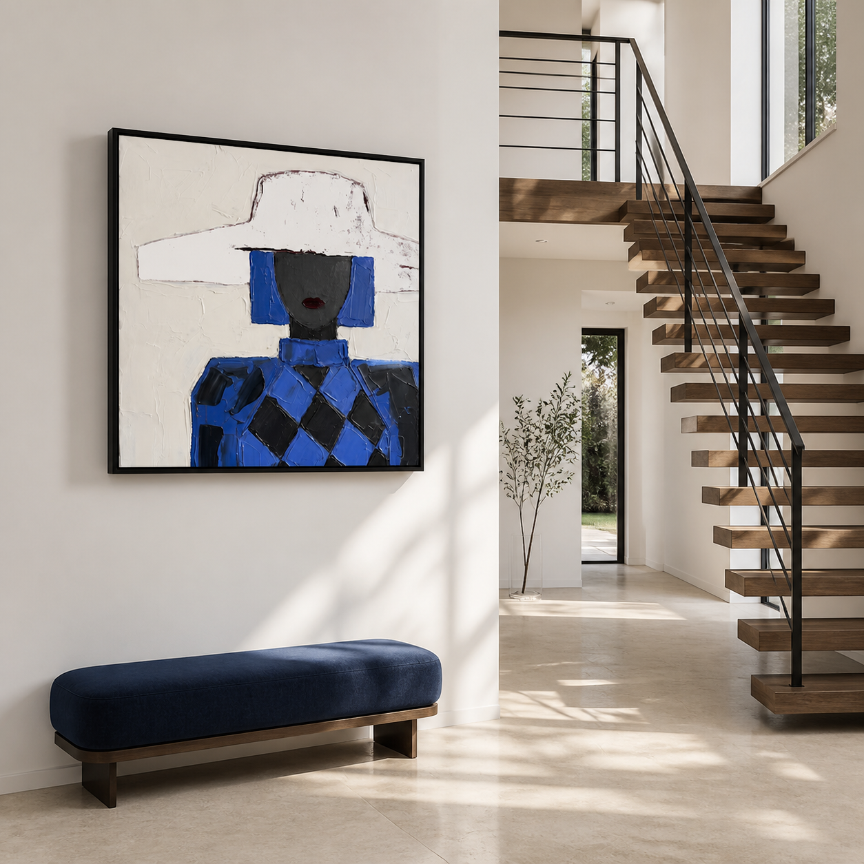 Cobalt Avant-Garde - Blue Diamond Pattern & White Hat Lady Painting