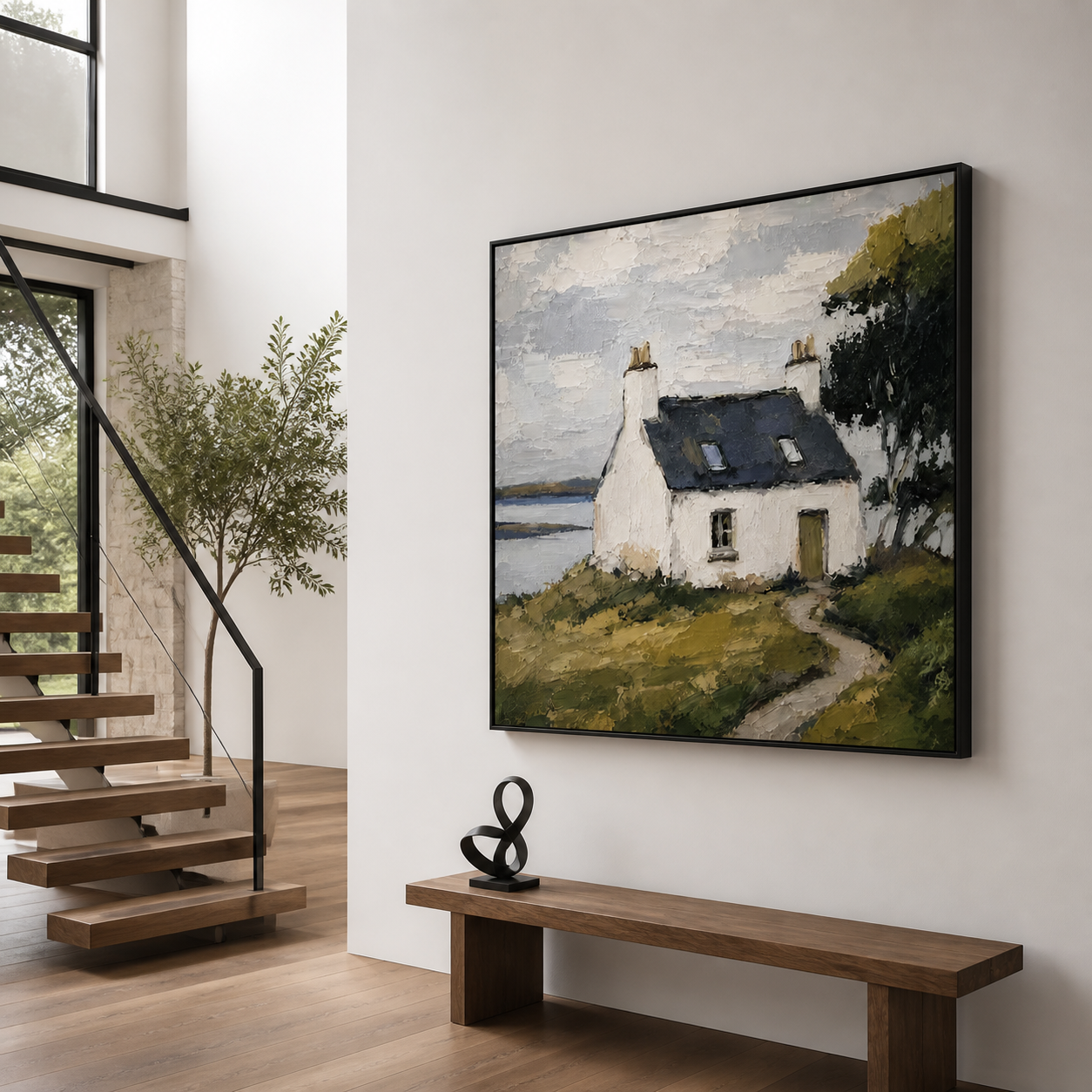 Highland Haven - Coastal White Cottage & Sea Impressionist Painting