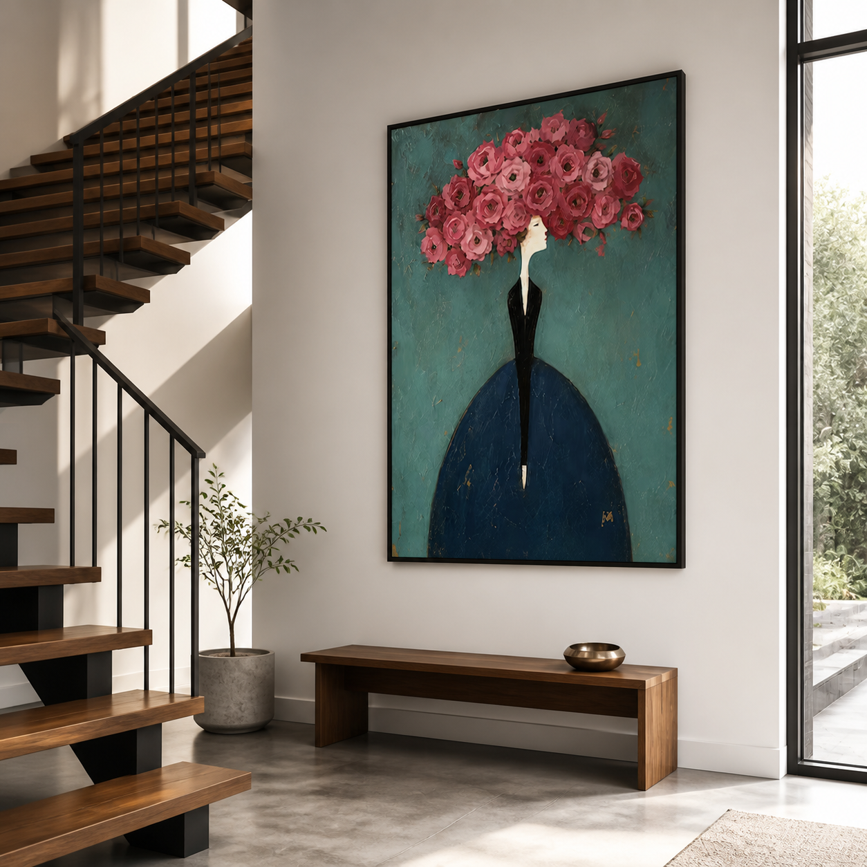 Flora Elegance - High Fashion Woman with Peony Crown Impasto Painting