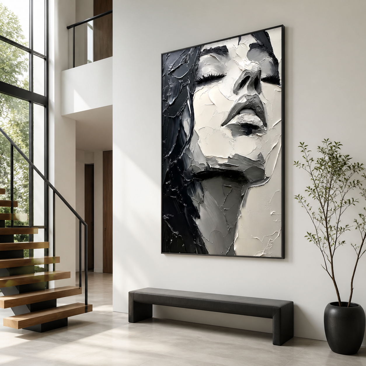 Sculptural Serenity - Heavy Impasto Black & White Woman Face Canvas