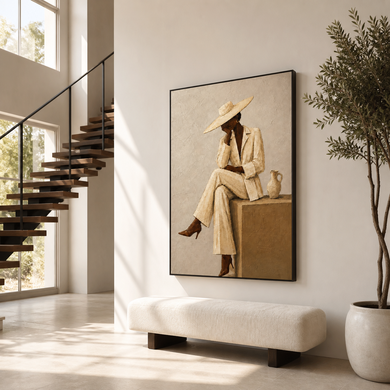 Casual Sophistication - Terracotta & Beige Seated Fashion Canvas