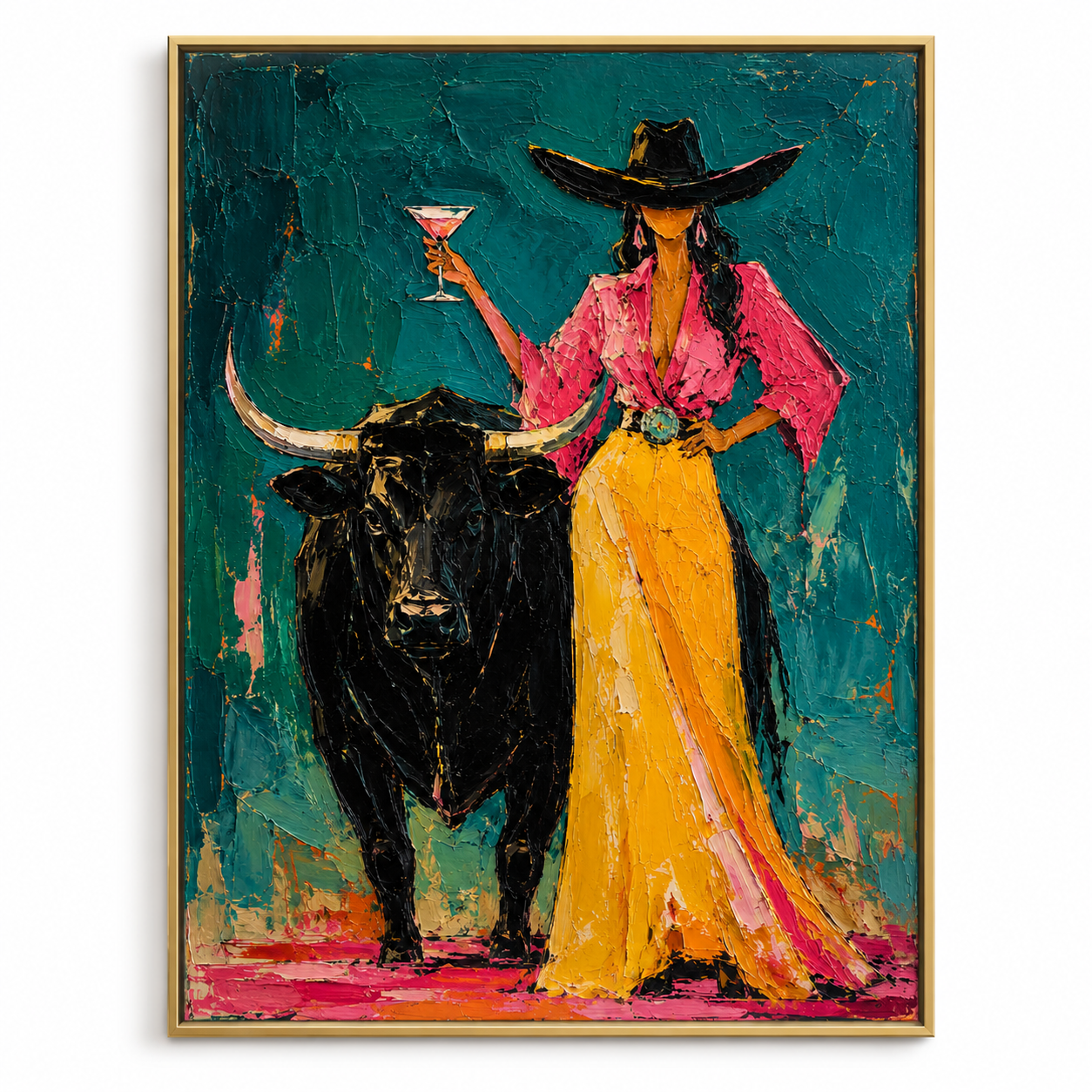 Bold Spirit - Cowgirl with Glass & Black Bull Textured Painting