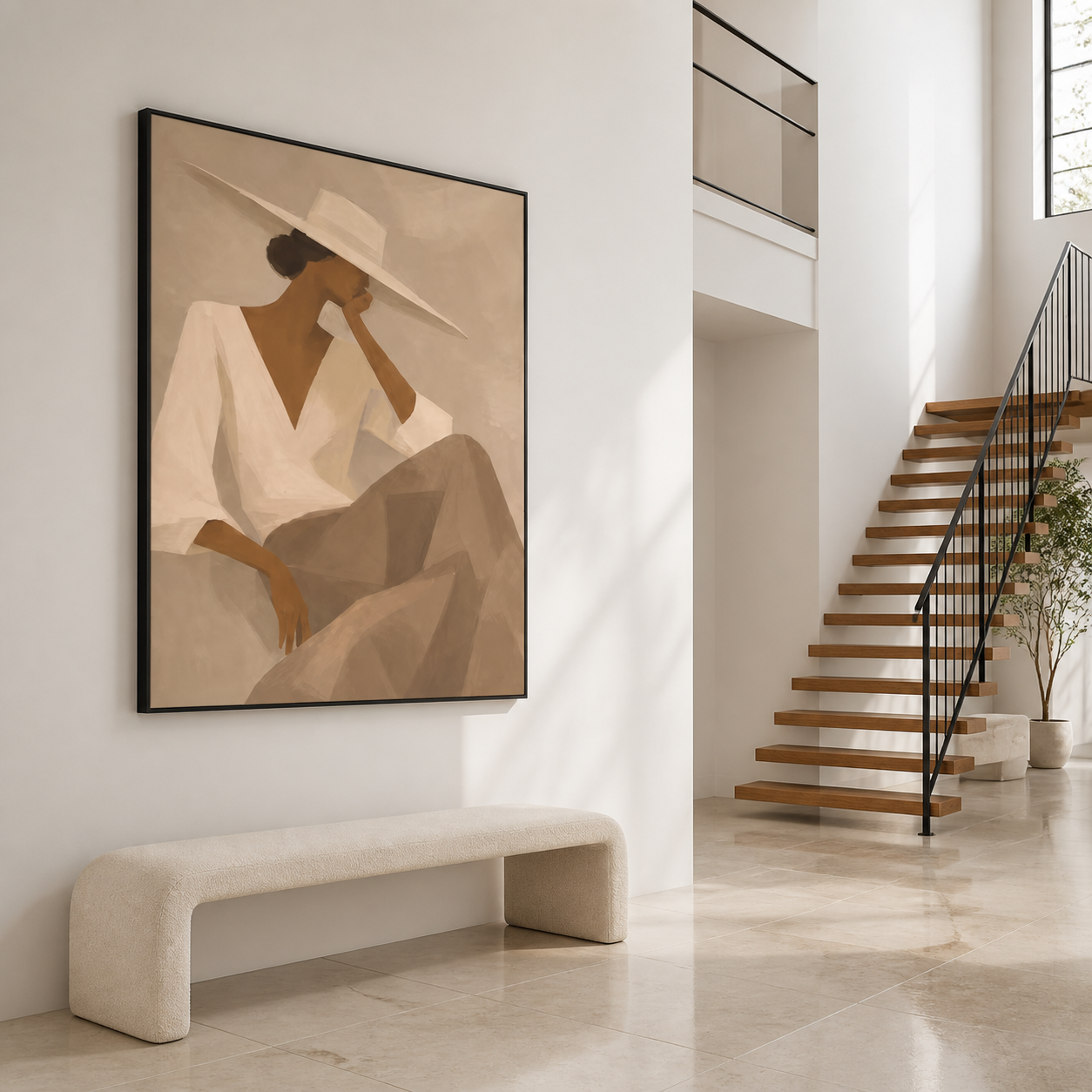 Tuscan Breeze - Minimalist Seated Woman in White V-Neck Canvas