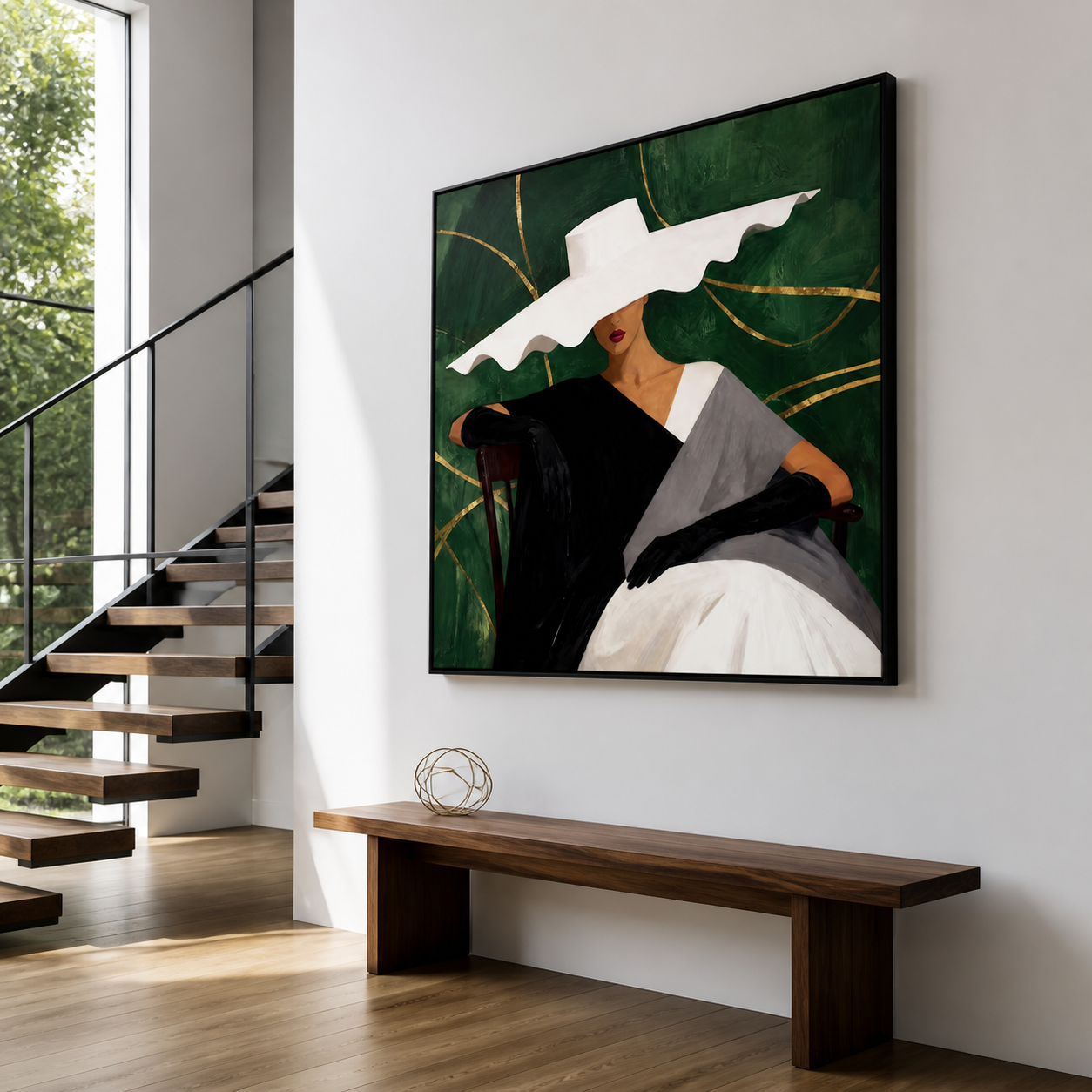 Emerald Empress - Wavy White Hat & Gold Foliage Canvas