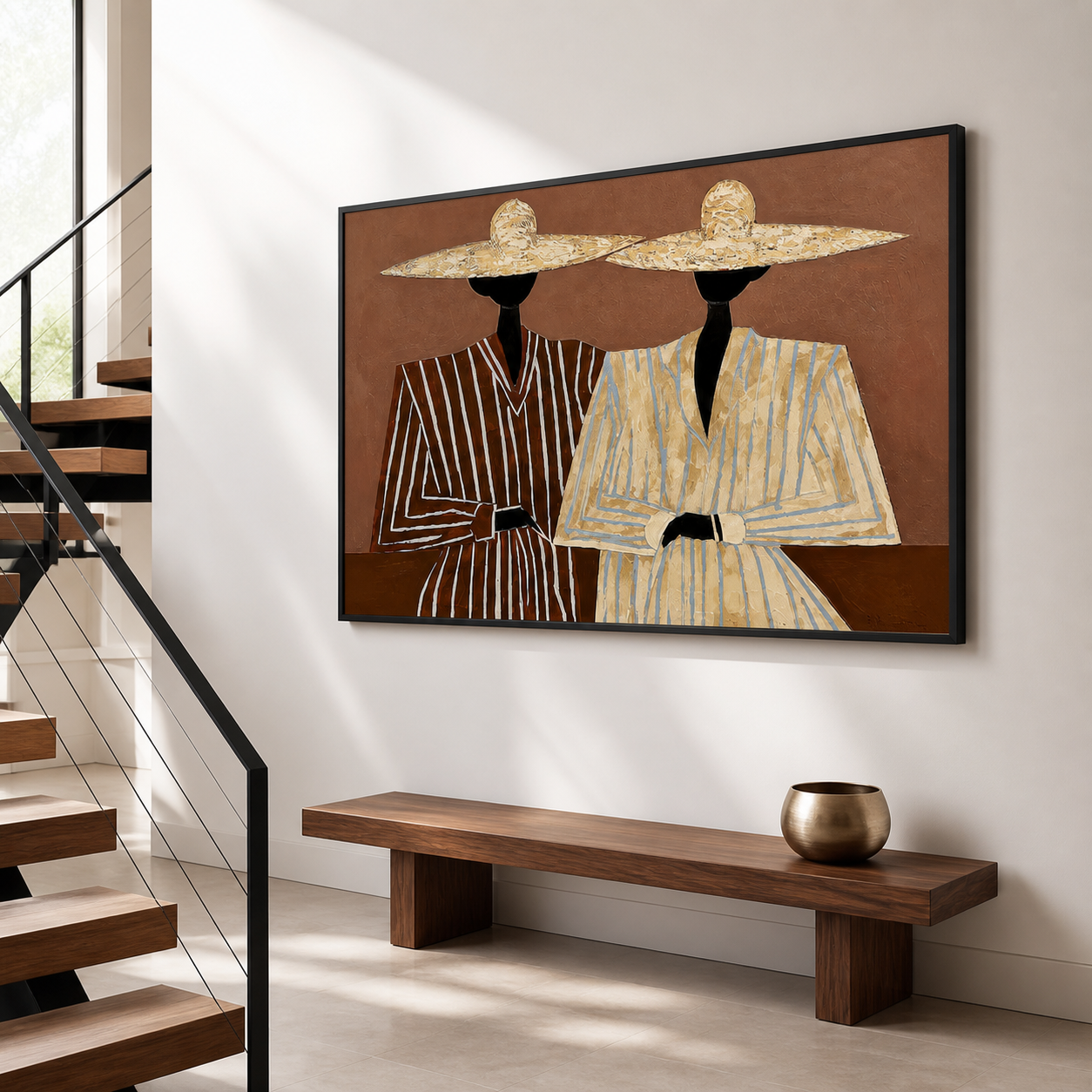 Desert Chic - Modern Straw Hat & Striped Suit Duo Canvas
