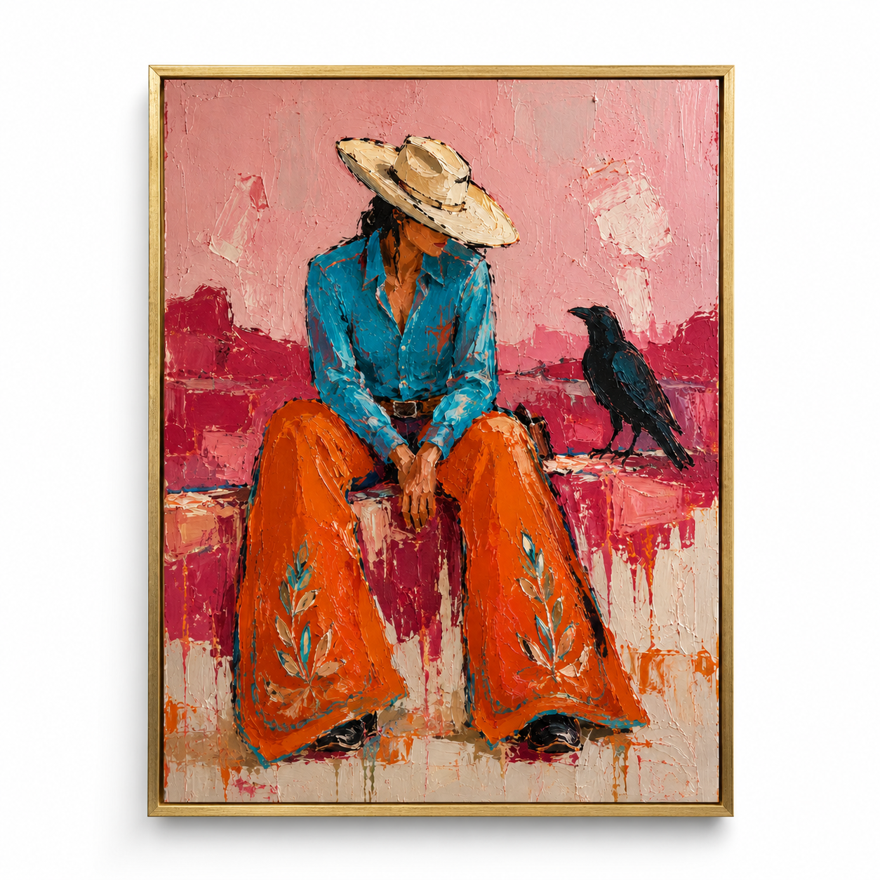 Desert Solitude - Cowgirl with Black Raven Textured Painting