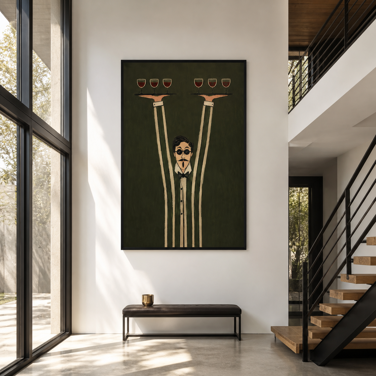 Grand Concierge - Whimsical Tall Waiter with Red Wine Canvas