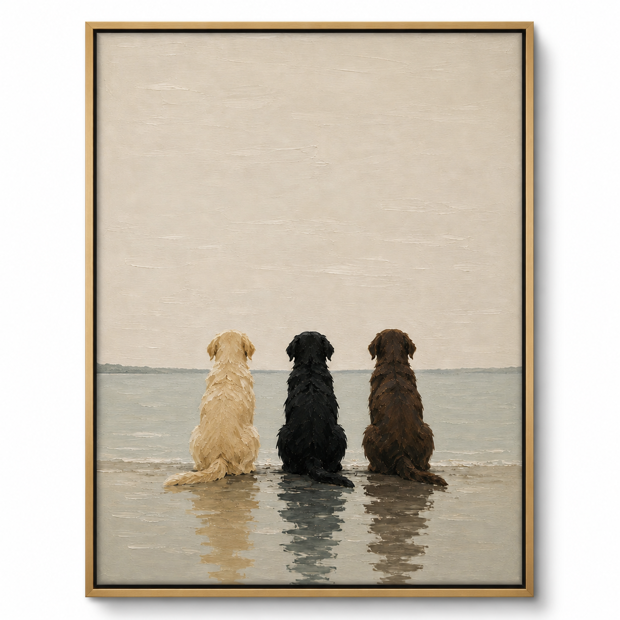 Three Faithful Friends - Trio Dogs Sitting by the Sea Impasto Canvas