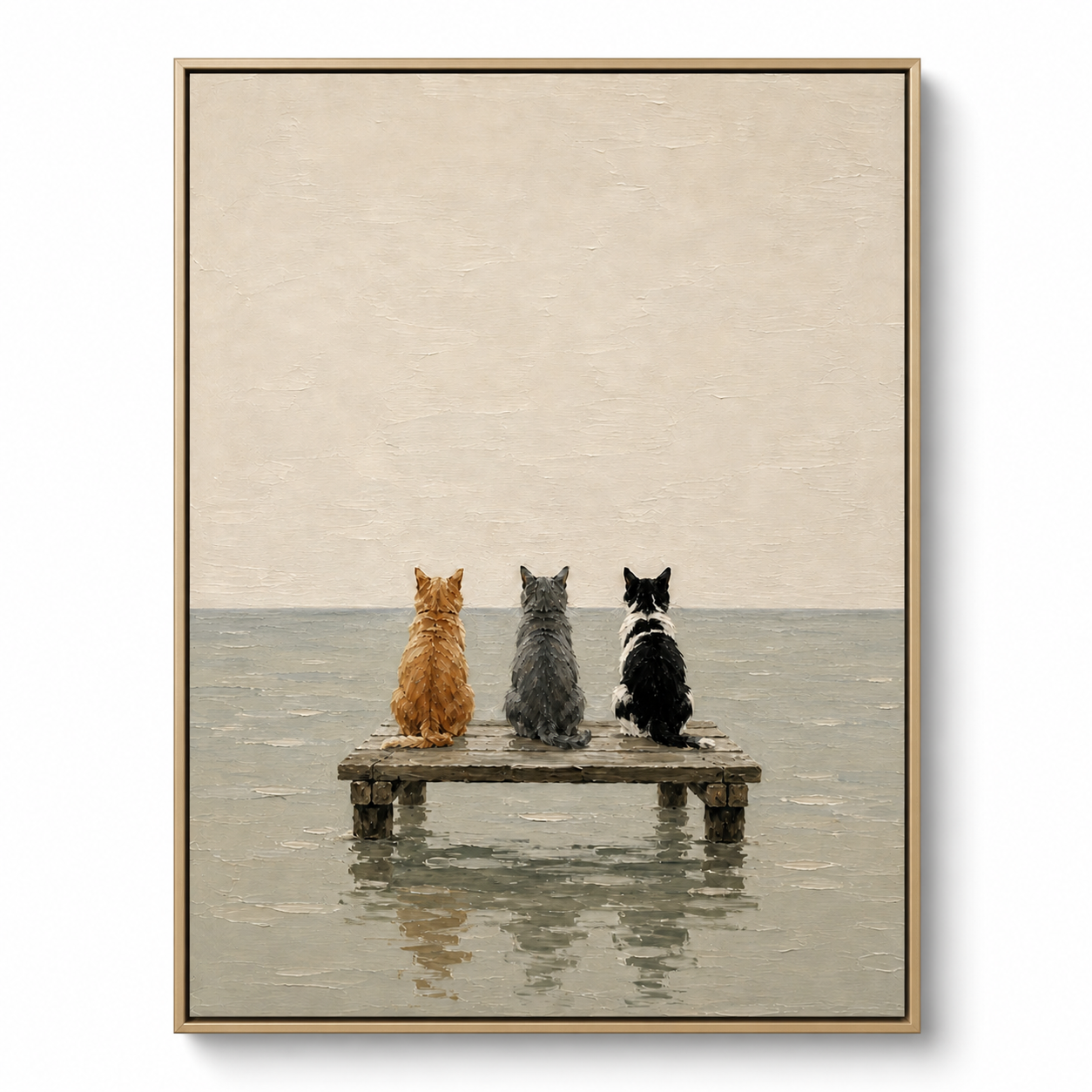 Coastal Watchers - Three Cats on Wooden Pier Canvas