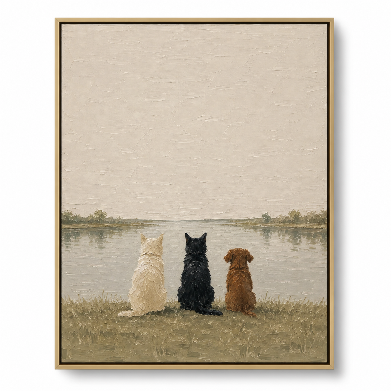 Lakeside Serenity - Trio Pet Backs on Grassy Shore Canvas
