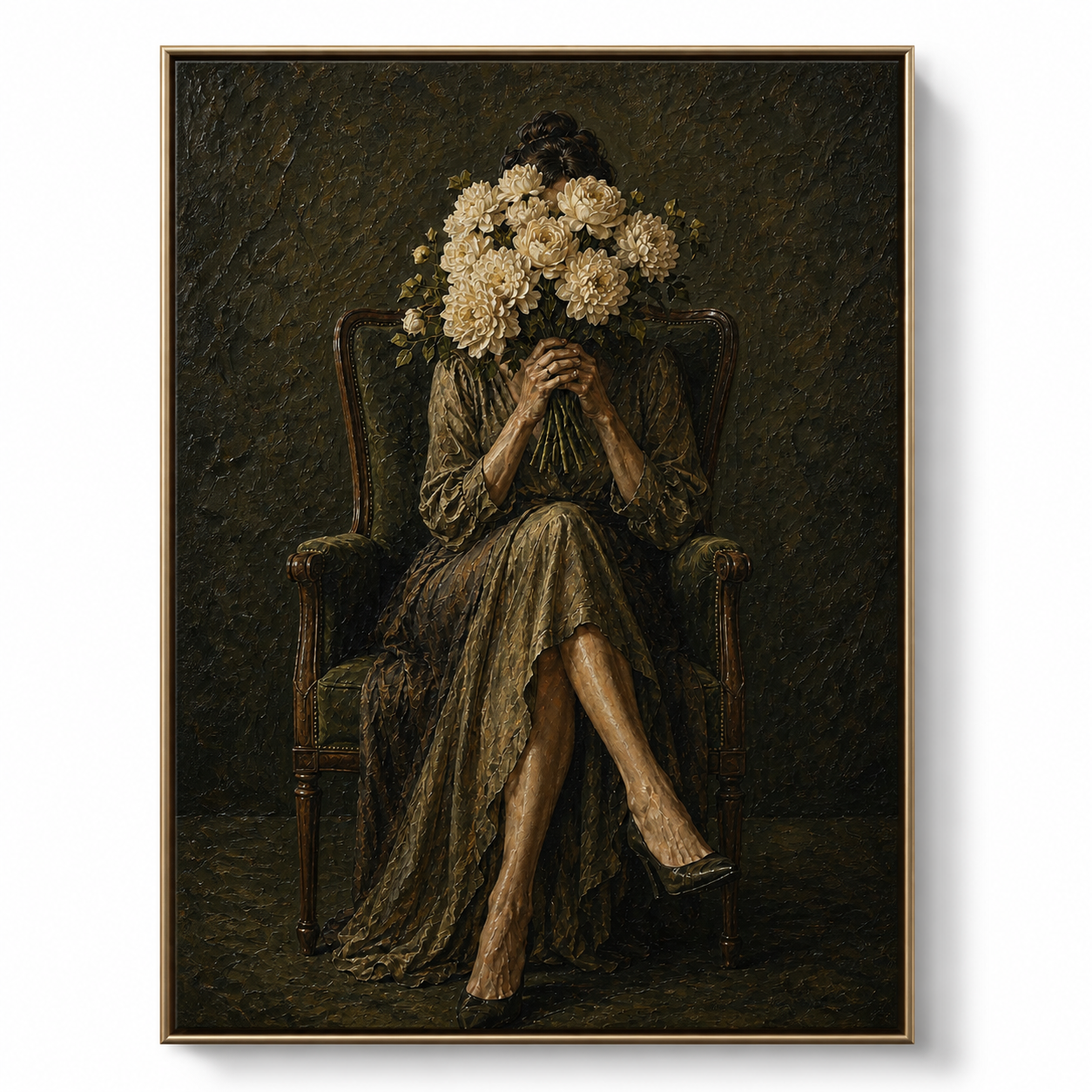 Velvet Reverie - Dark Olive Moody Floral Portrait Canvas Wall Art
