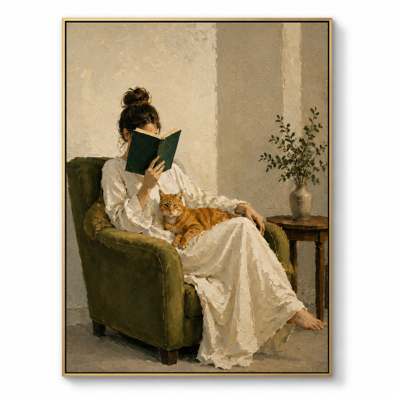 Quiet Afternoon - Woman Reading with Orange Cat Impasto Canvas Wall Art