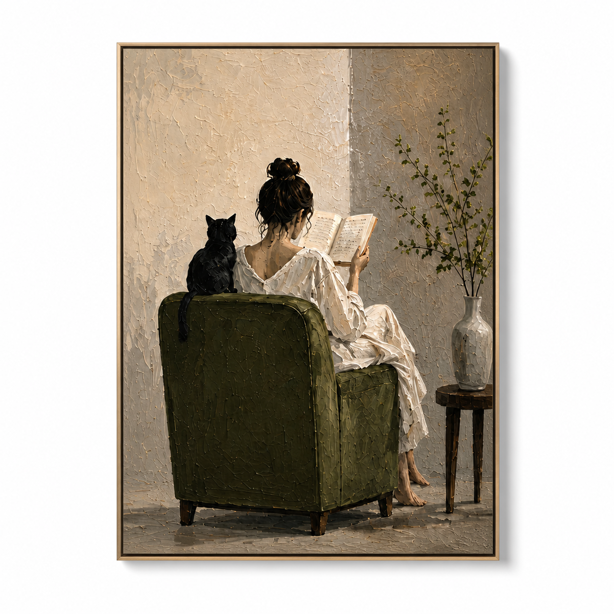 Cozy Nook - Woman Reading in Green Chair with Black Cat Canvas
