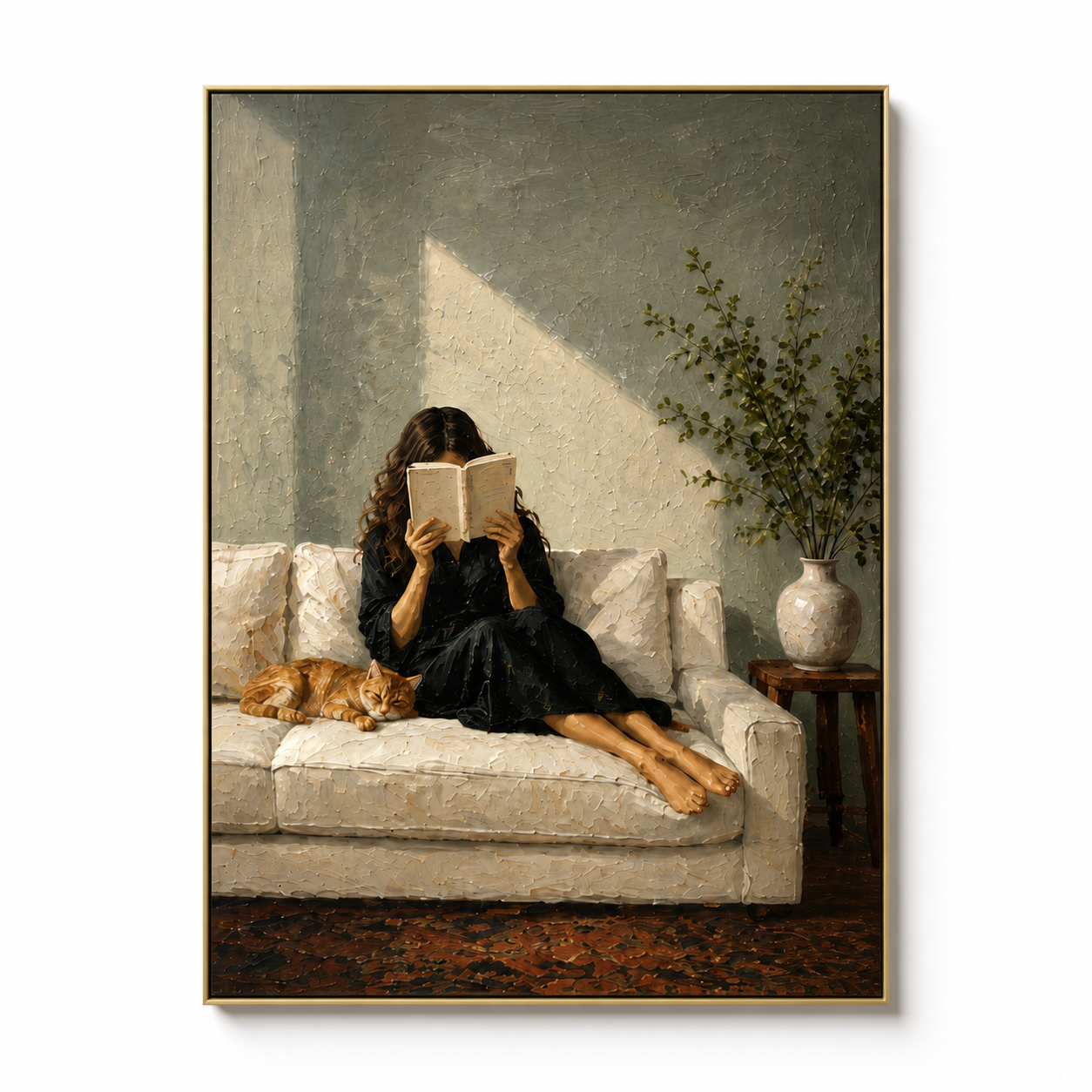 Warm Sunbeam - Woman Reading on Sofa with Sleeping Ginger Cat Canvas