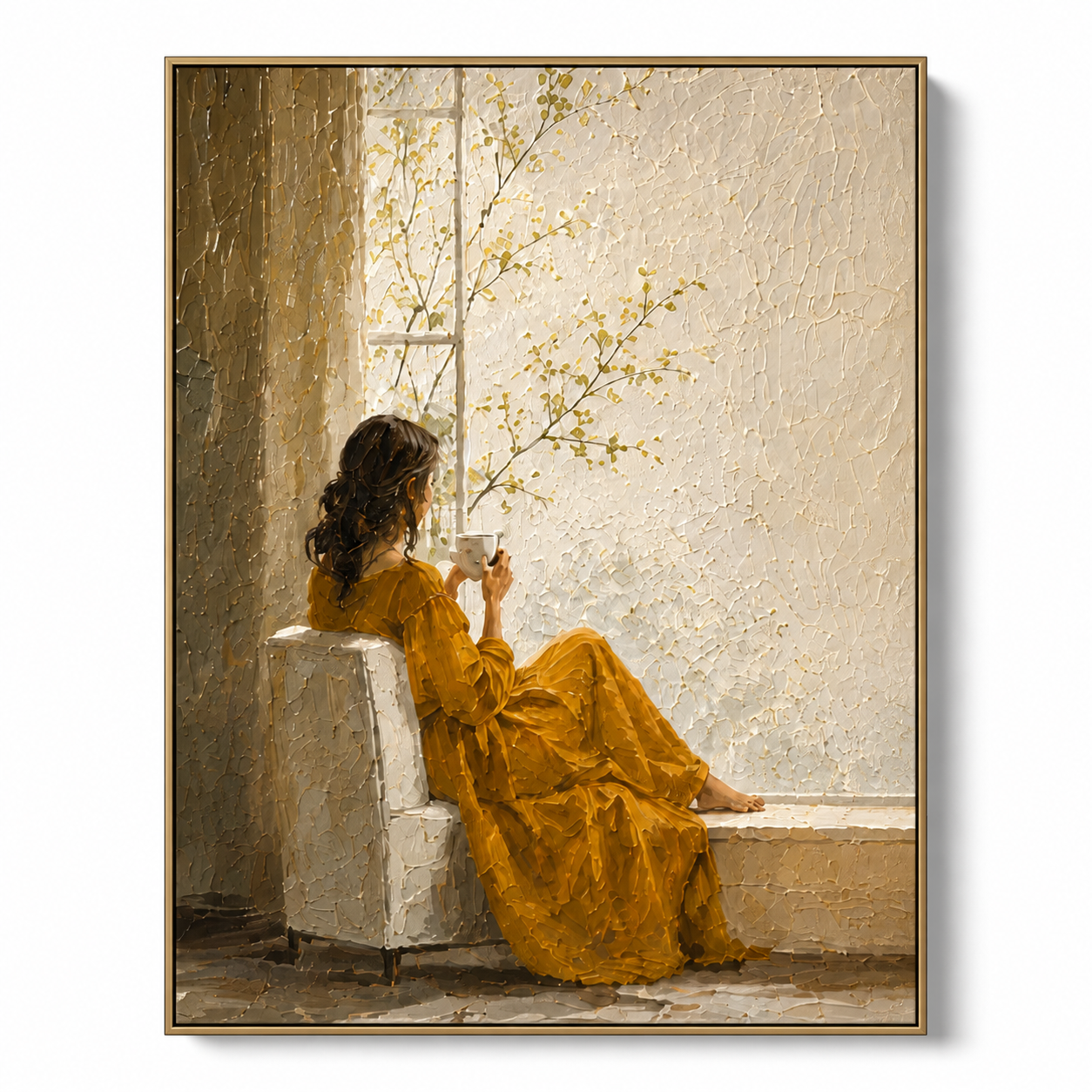 Morning Glow - Woman in Yellow Dress Drinking Tea by Window Canvas