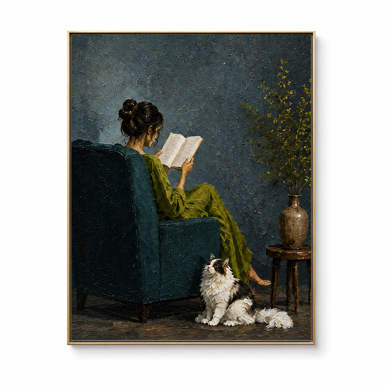 Quiet Harmony - Woman in Green Dress with Fluffy Cat Impasto Canvas