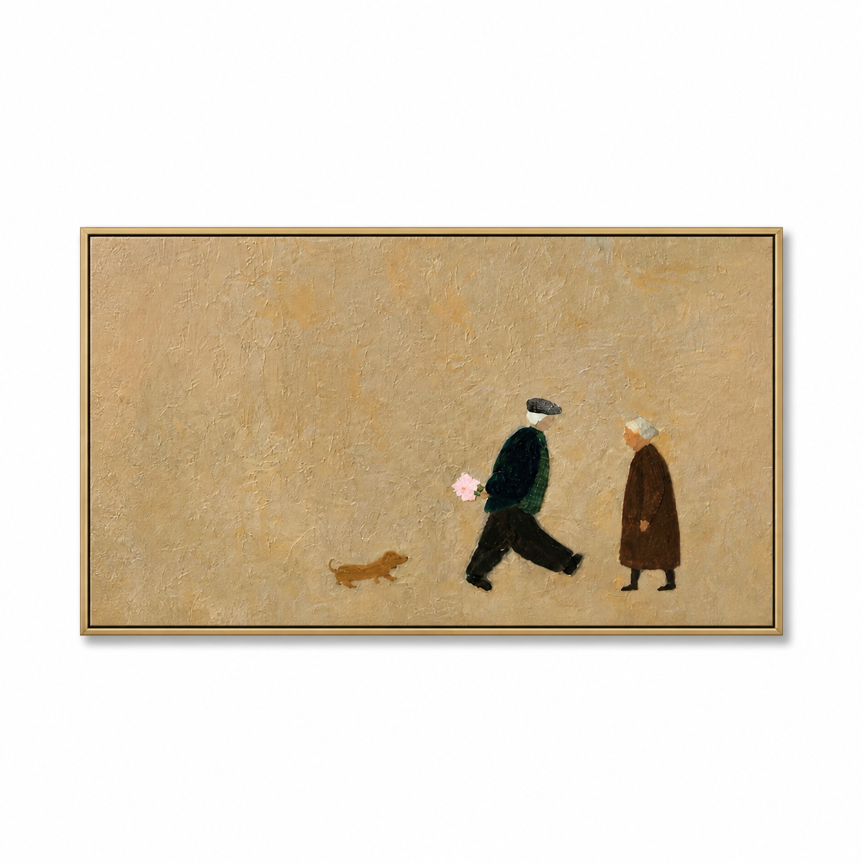 Heartfelt Journey - Minimalist Elderly Couple & Dog Impasto Canvas Wall Art