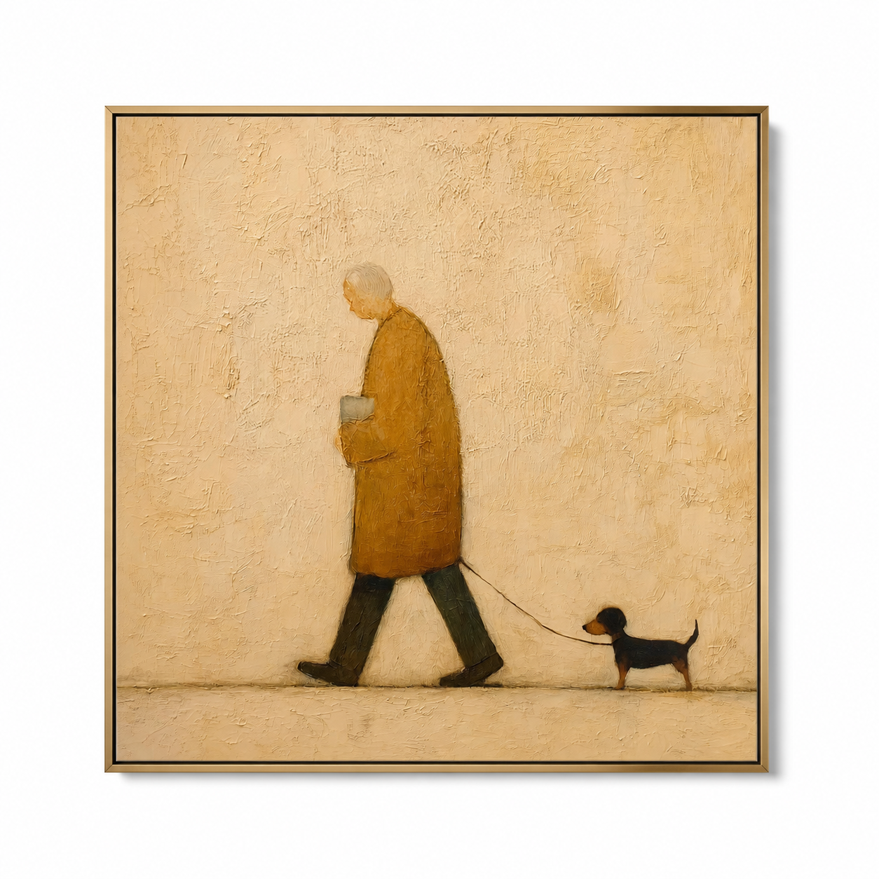 Gentle Stroll - Elderly Man Walking Dachshund Dog Impasto Canvas