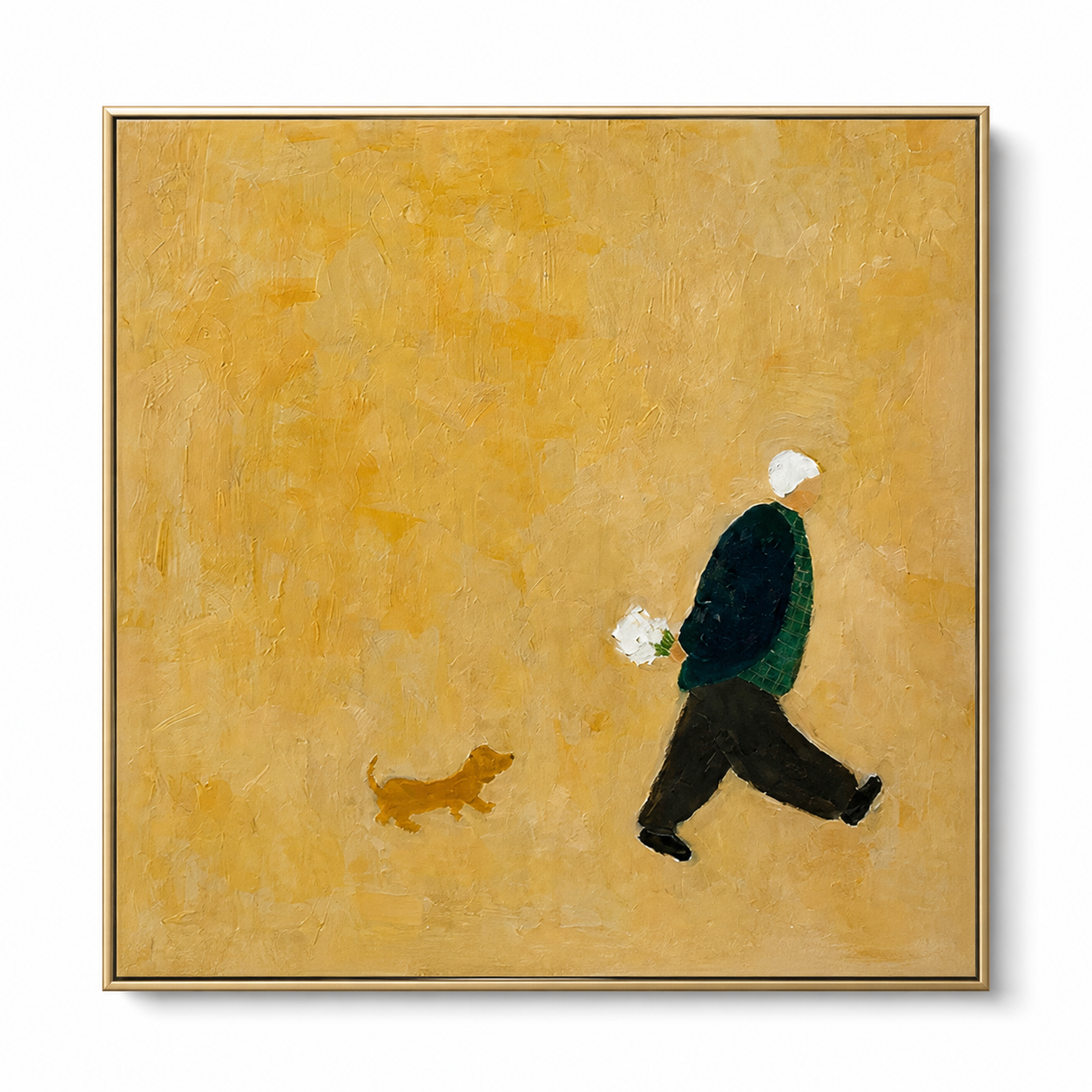 Golden Moment - Man Carrying Flowers with Dog Minimalist Canvas