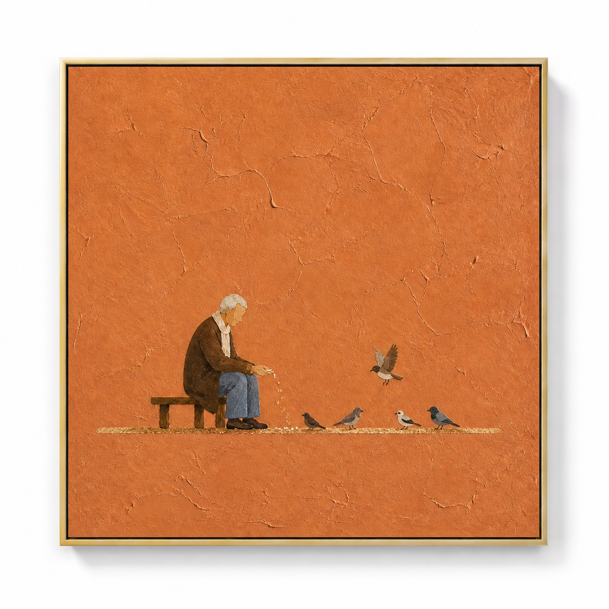 Golden Years - Old Man Feeding Birds Terracotta Impasto Canvas