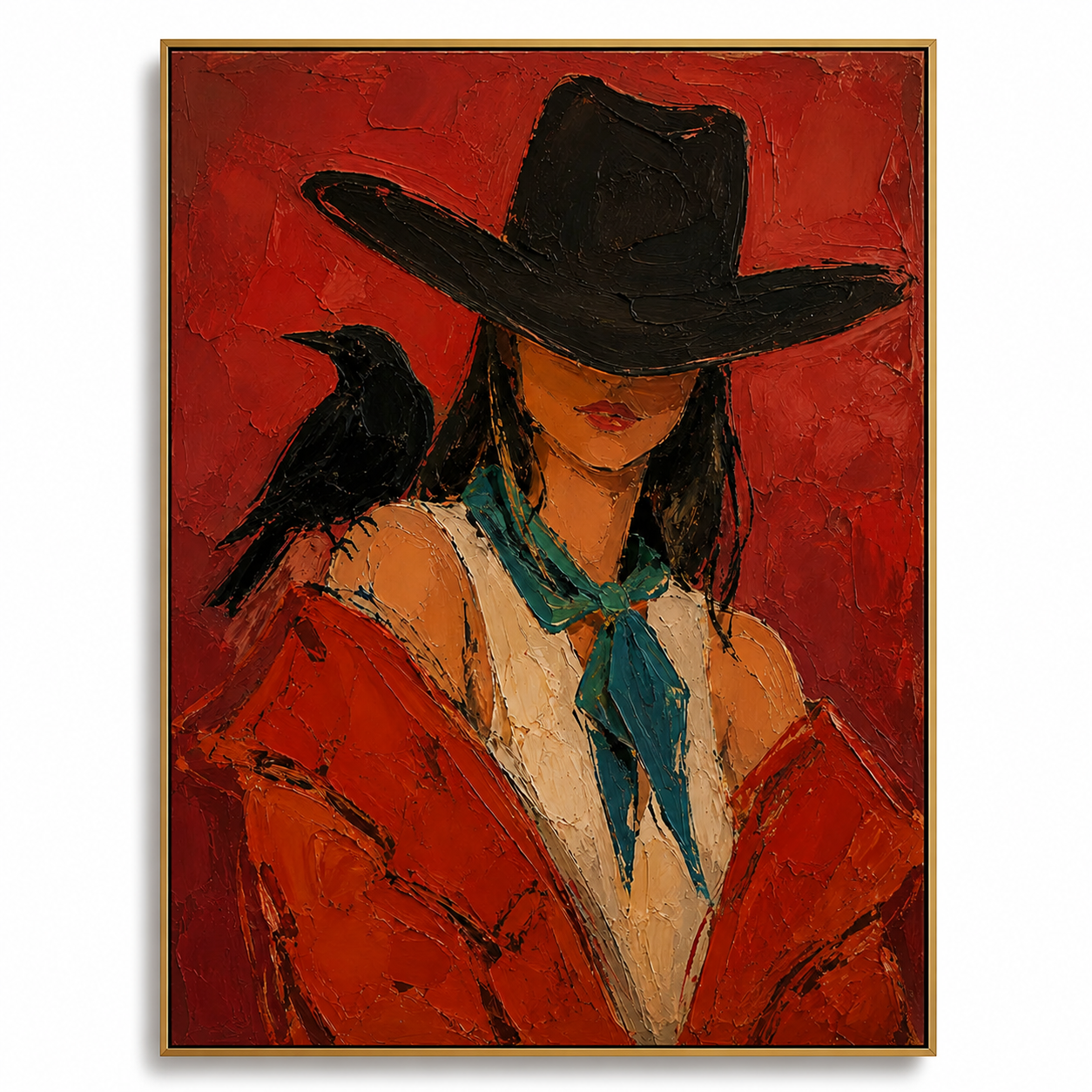 Crimson Shadow - Mysterious Cowgirl & Raven Portrait Textured Painting