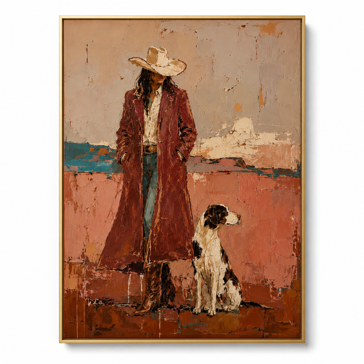 Companions on the Border - Cowgirl & Hound Dog Textured Painting
