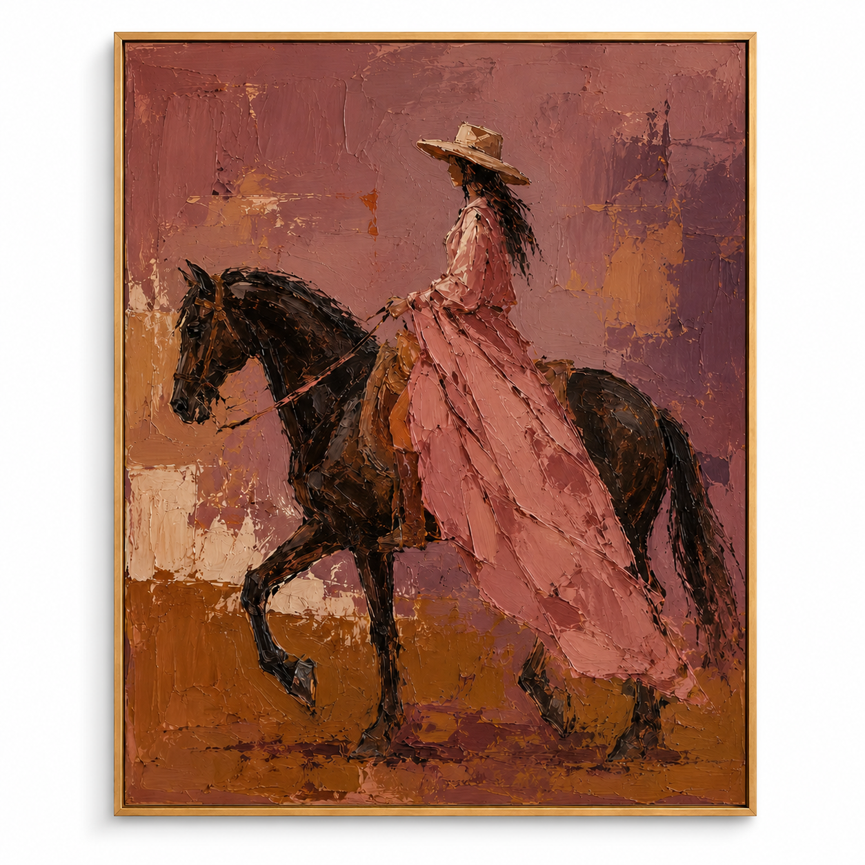Dusty Rose Gallop - Cowgirl in Pink Dress on Horseback Textured Painting