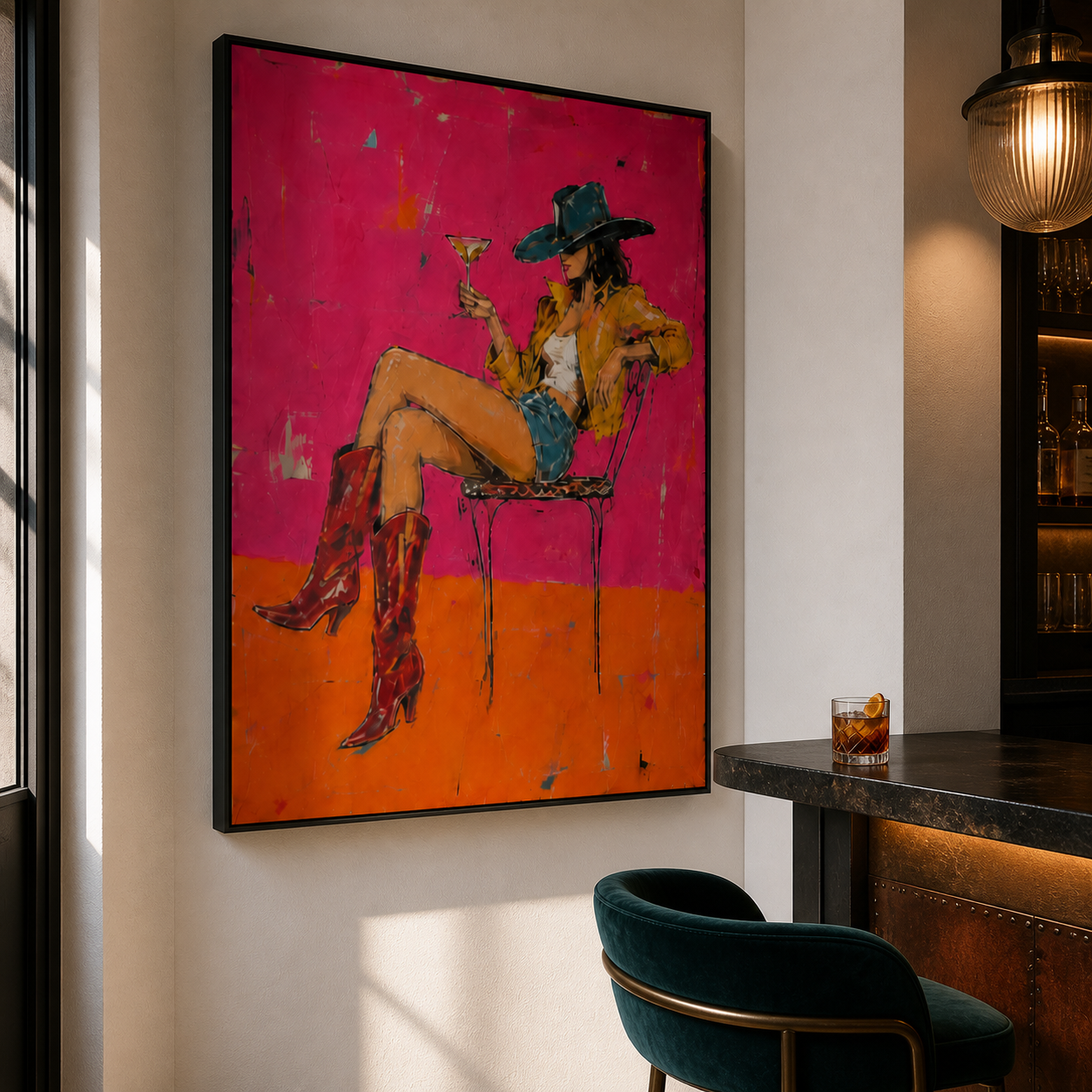 Neon Western Chic - Cowgirl with Cocktail Textured Painting