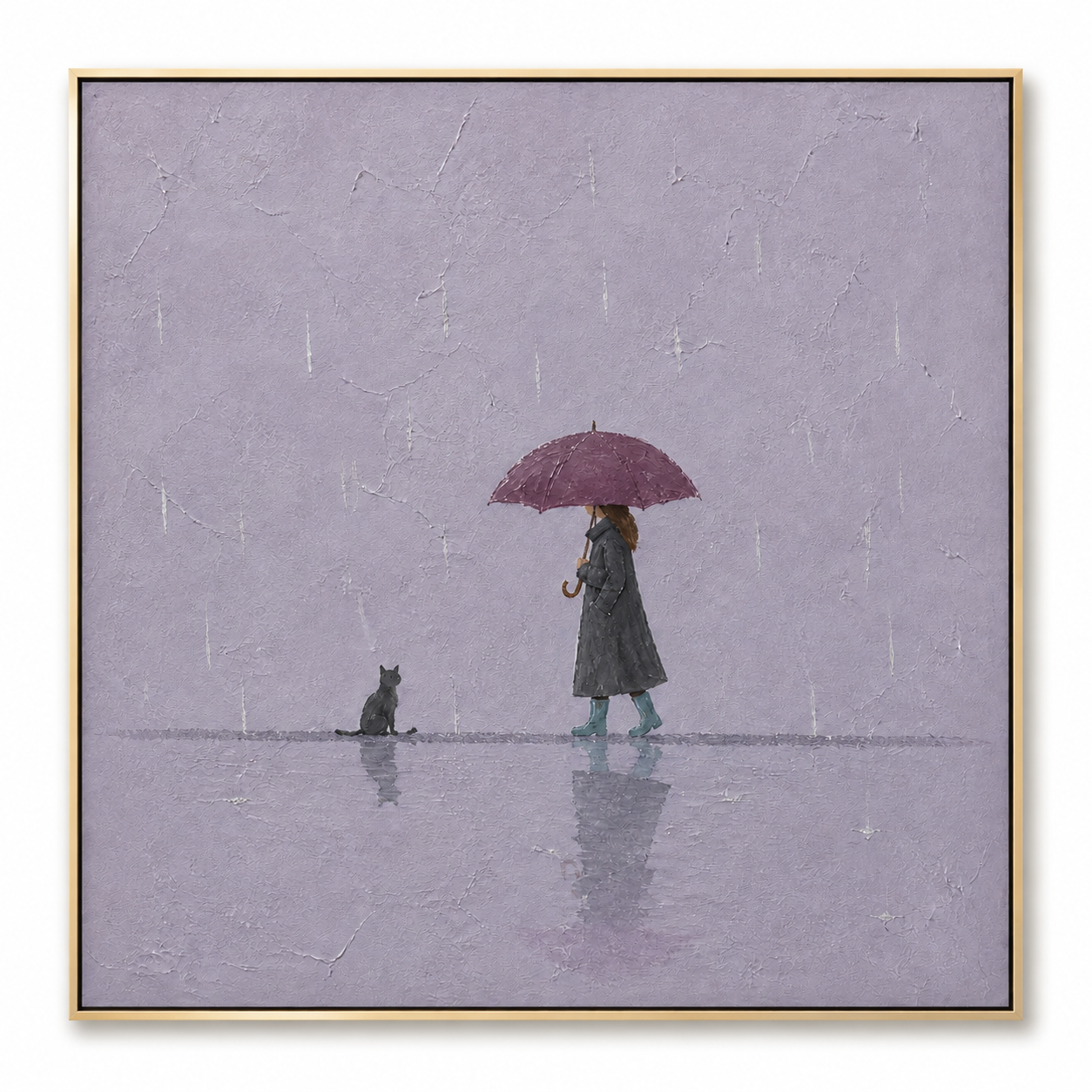 Rainy Serenity - Woman with Umbrella & Black Cat Dusty Purple Canvas