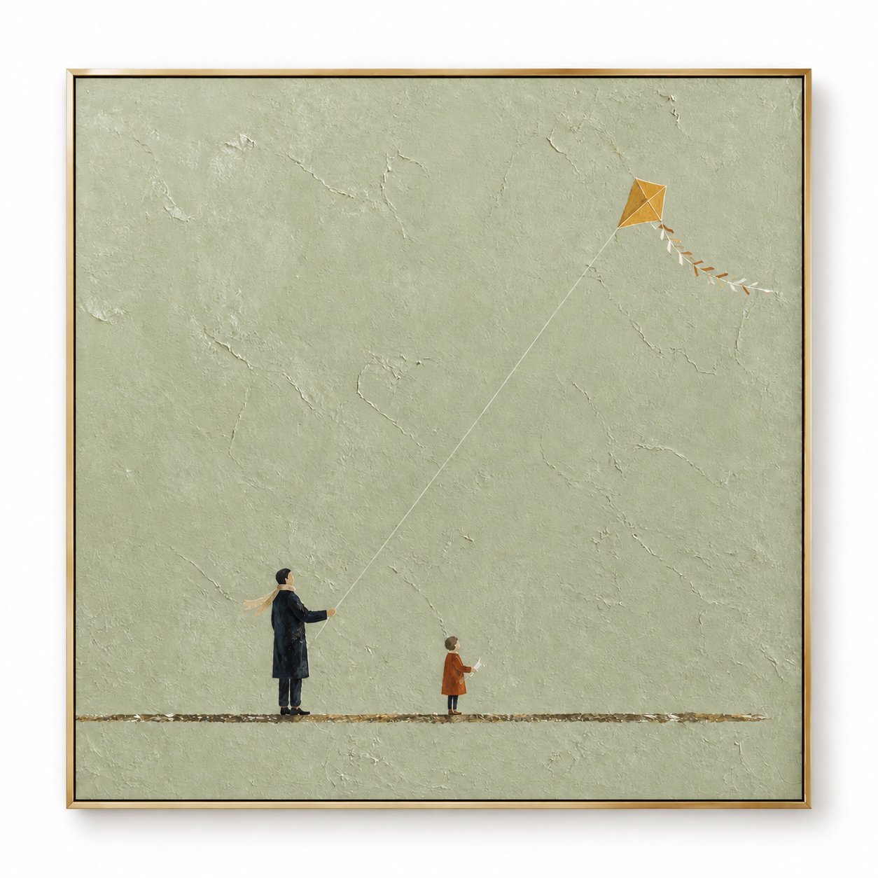Flying Dreams - Father & Child Flying Kite Sage Green Impasto Canvas