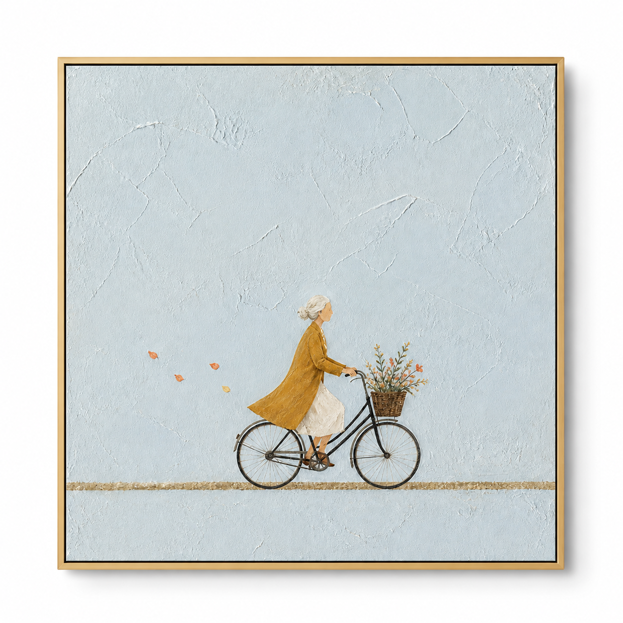 Autumn Breeze - Woman Riding Bicycle with Flowers Sky Blue Canvas