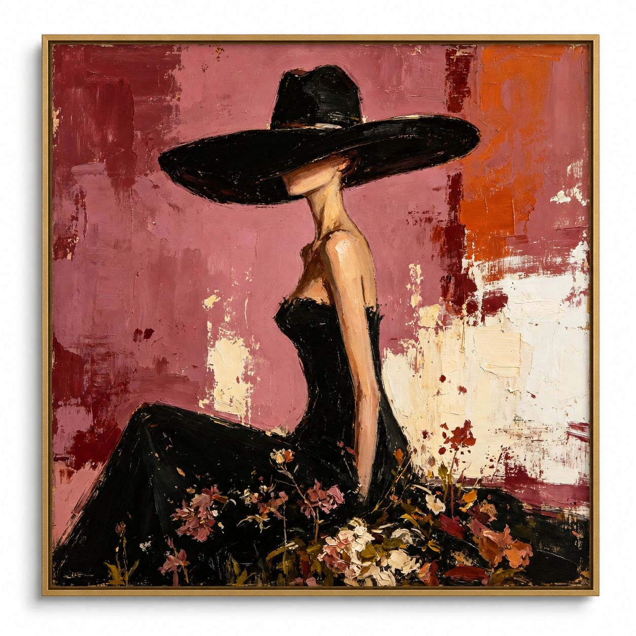 Velvet Night - Elegant Lady in Black Hat & Floral Gown Painting