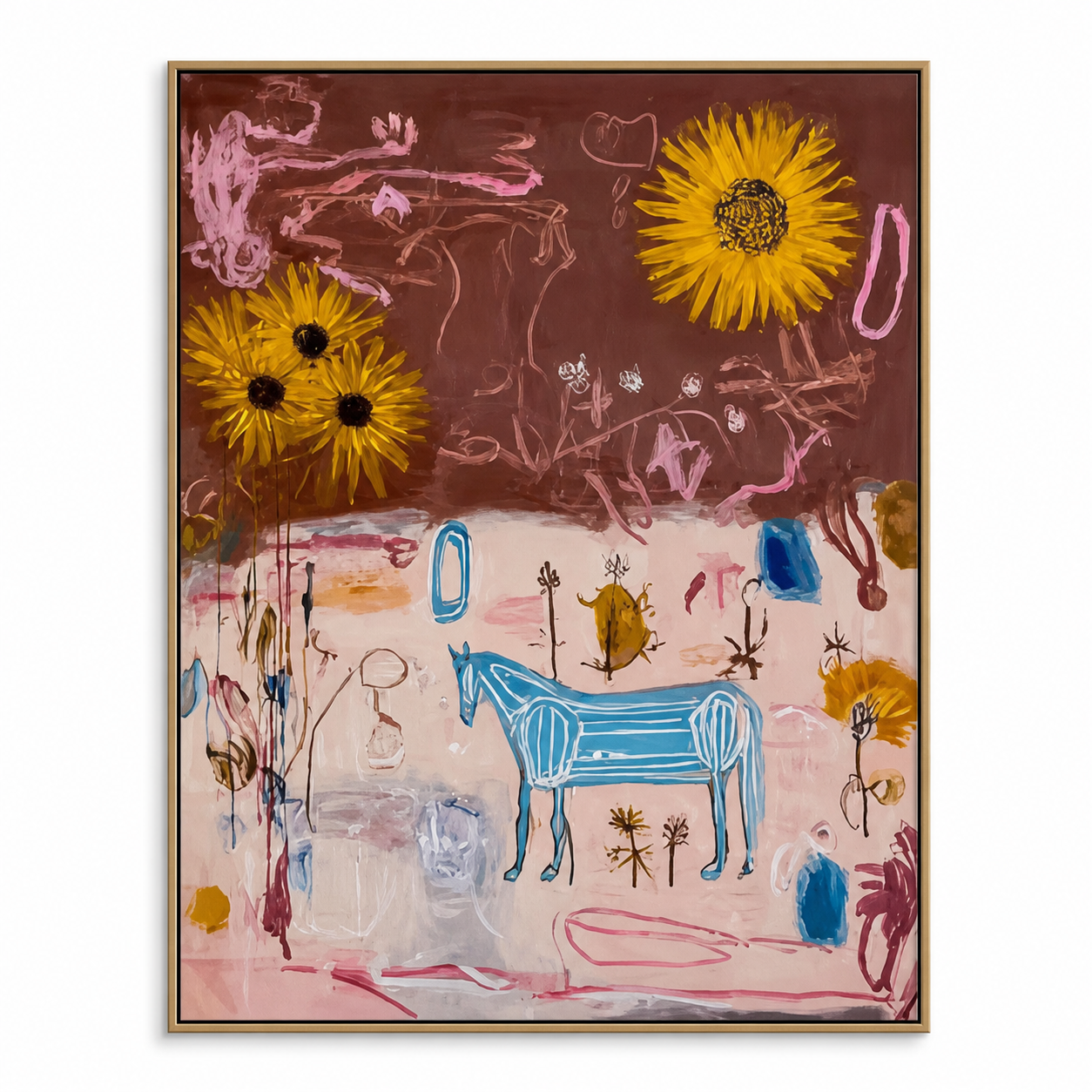 Wild Reverie - Abstract Blue Horse & Sunflower Mixed Media Painting