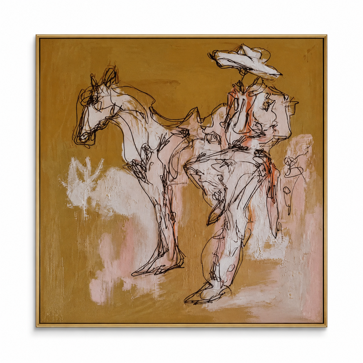 Wild Sketch - Abstract Ochre Horse & Cowboy Painting