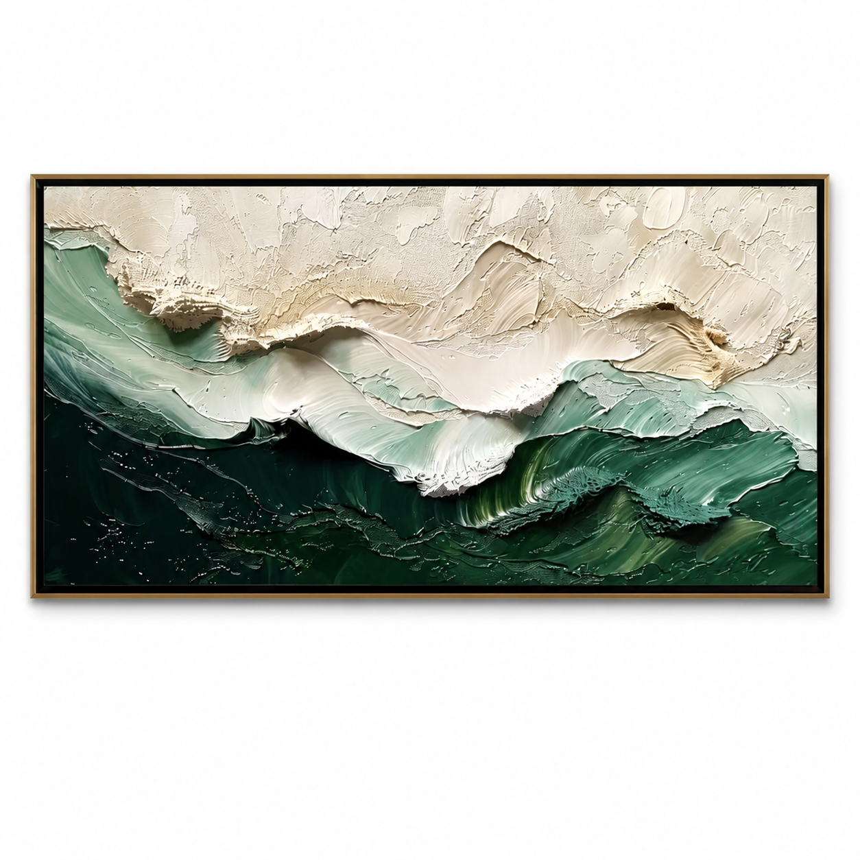 Emerald Tide - Forest Green & Cream Wave Texture Horizon Painting