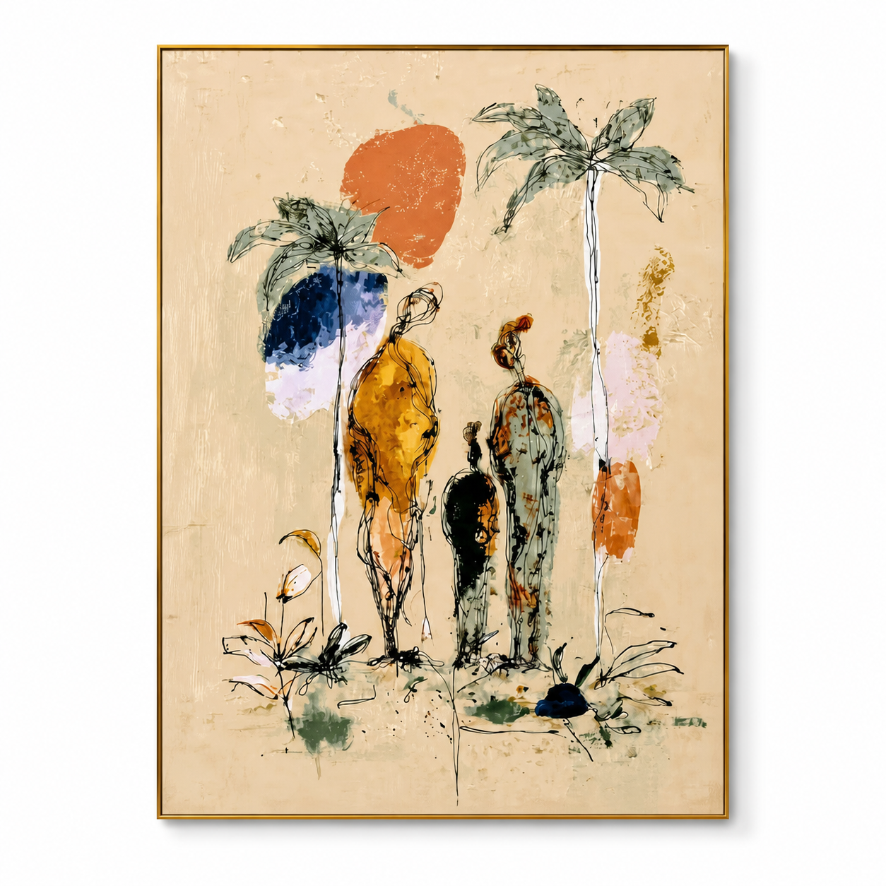 Tropical Solitude - Abstract Family & Palm Trees Impasto Painting
