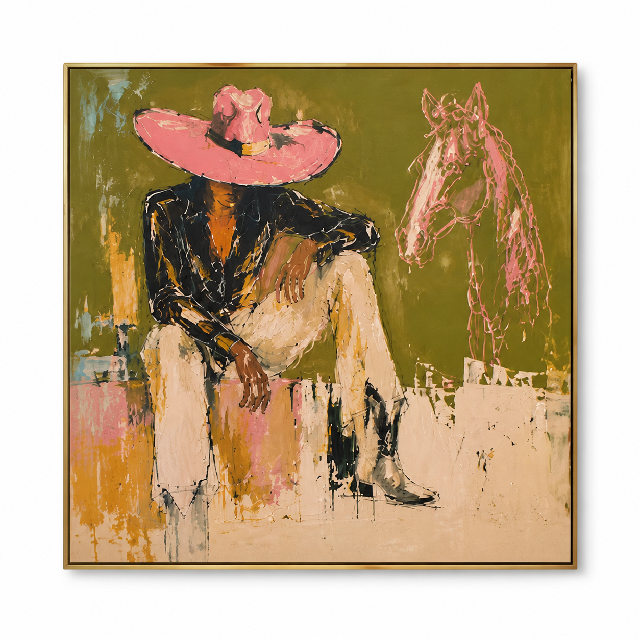Desert Mirage - Pink Cowboy Hat & Line Art Horse Painting
