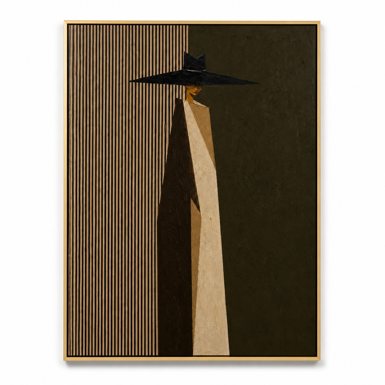 Avant-Garde Silhouette - Geometric Fluted & Black Hat Elegance Oil Painting