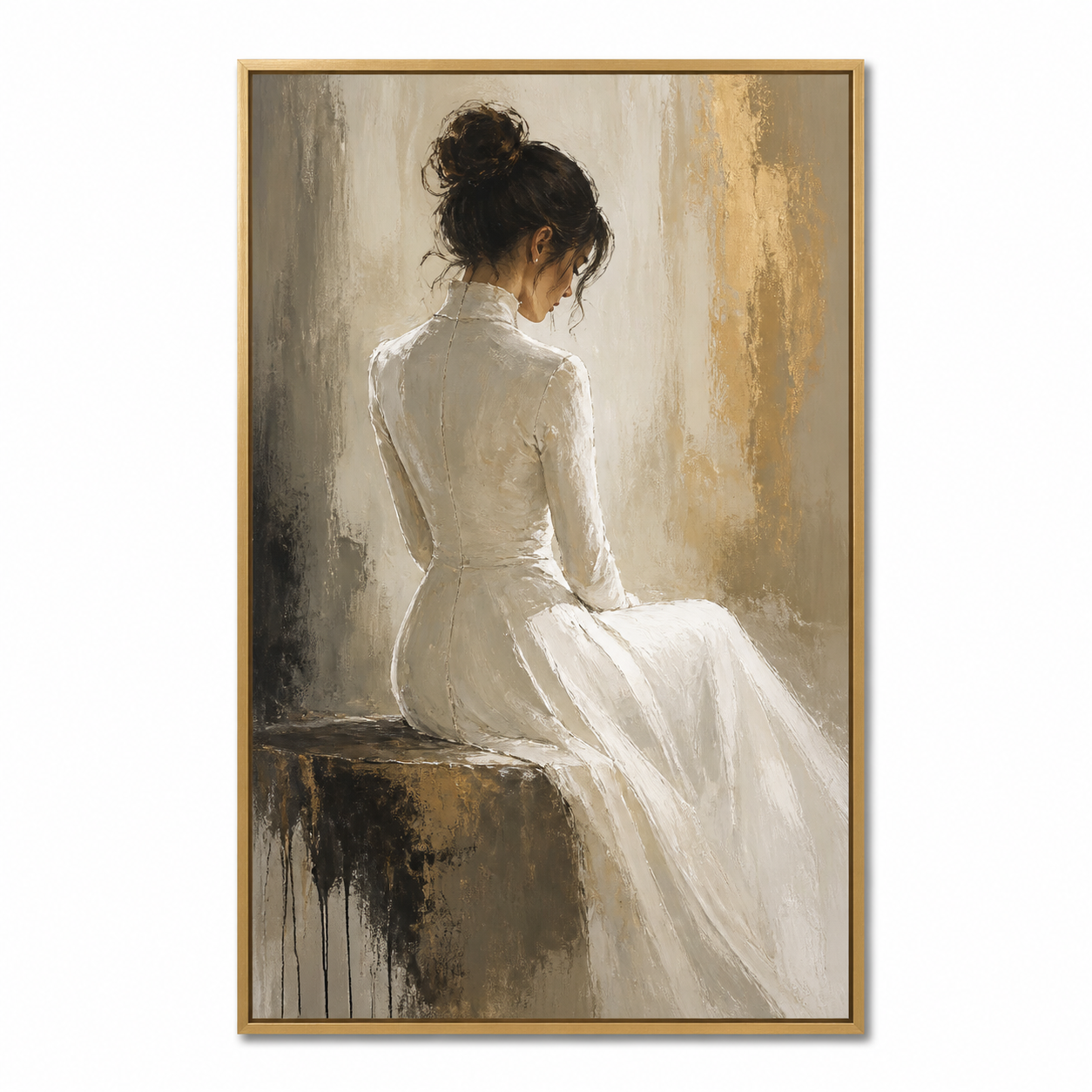 Golden Solitude - Elegant Woman in White Evening Dress Backview Oil Painting