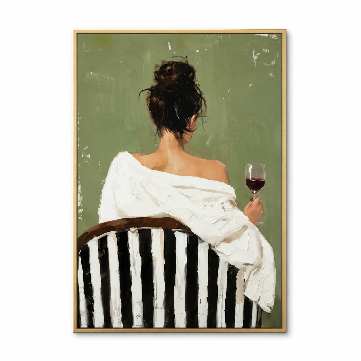 Velvet Lounge - Modern Woman with Red Wine on Striped Chair Painting