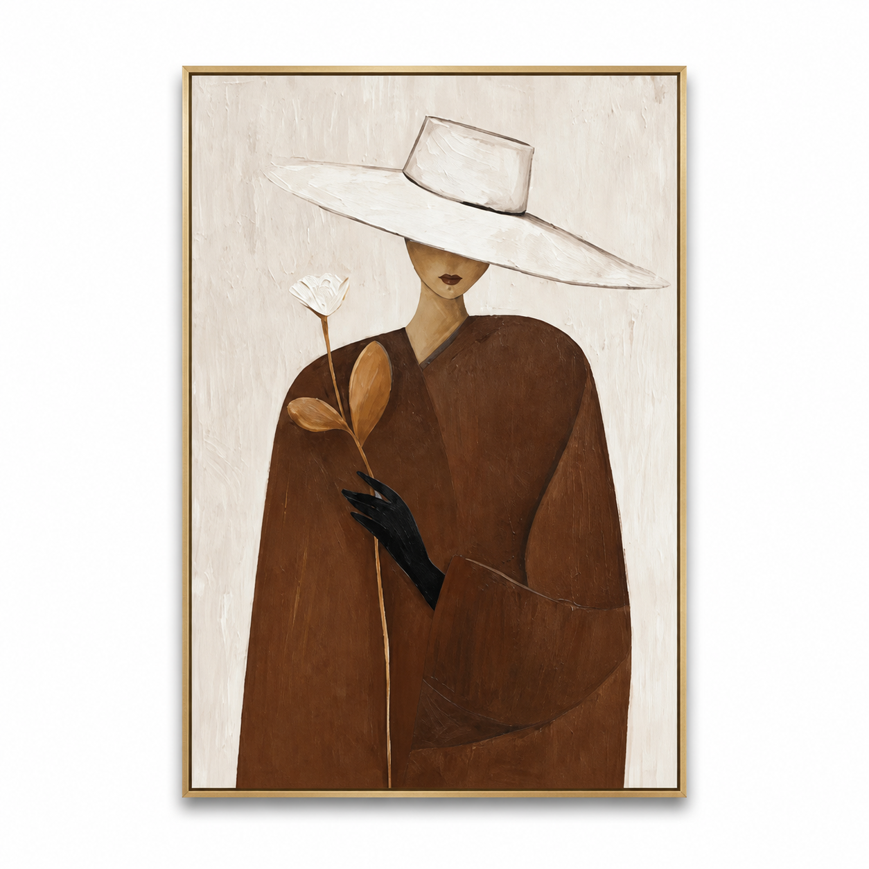White Rose Romance - Brown Trench Coat Lady with Hat Oil Painting
