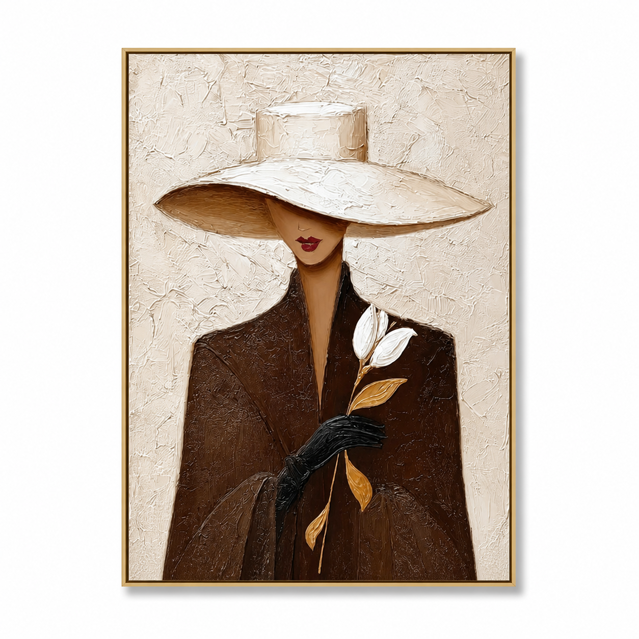 White Rose Romance - Brown Trench Coat Lady with Hat Oil Painting