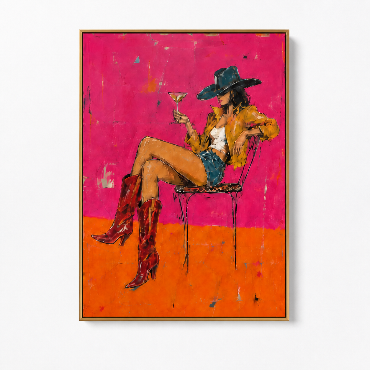 Neon Western Chic - Cowgirl with Cocktail Textured Painting