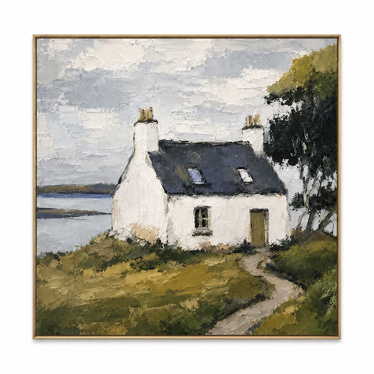 Highland Haven - Coastal White Cottage & Sea Impressionist Painting