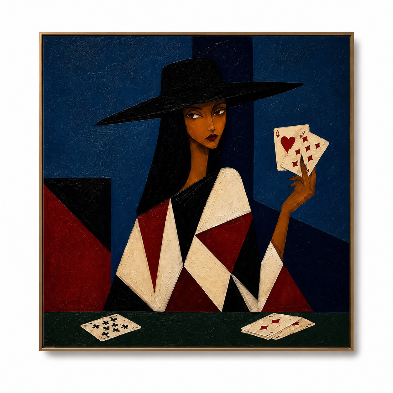 Queen of Hearts - Cubist Lady with Playing Cards Oil Painting