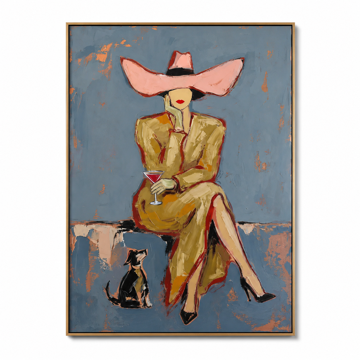 Parisian Afternoon - Elegant Lady with Martini & Dachshund Oil Painting